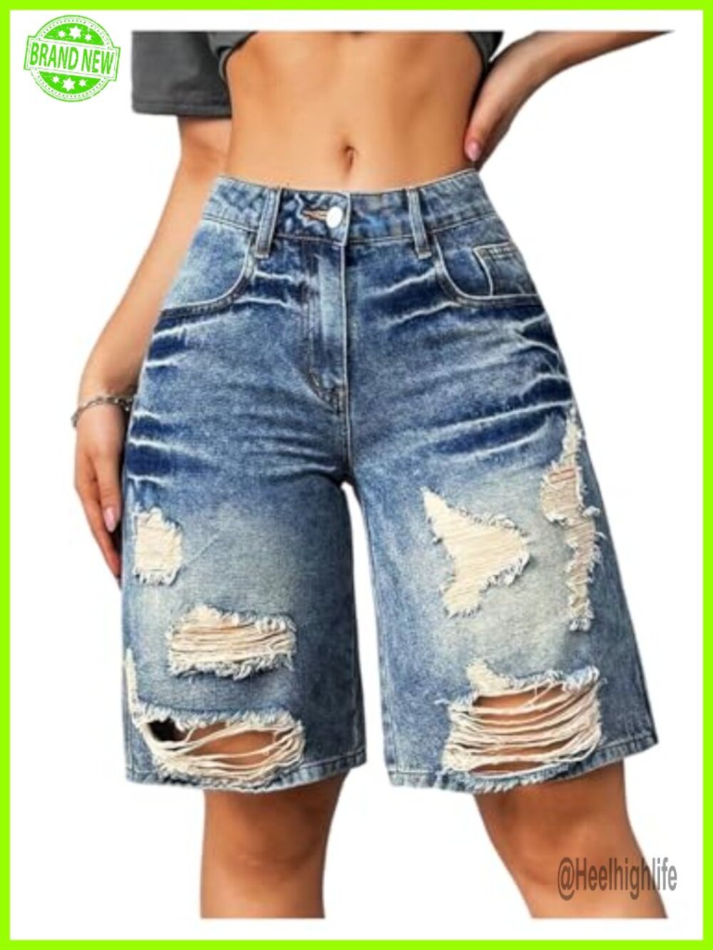 Ripped Raw Hem Bermuda Denim Shorts Mid Rise Distressed Jean Streetwear